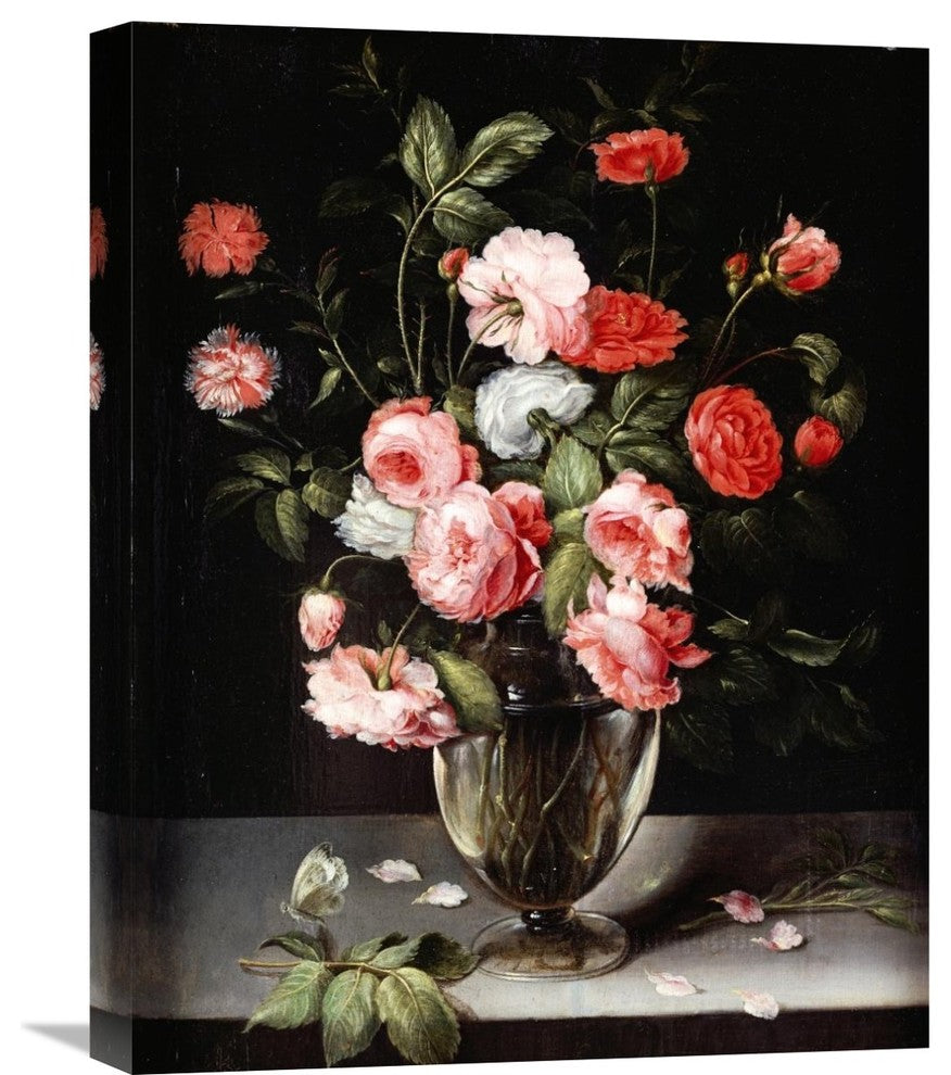 "Roses and Carnations In a Glass Vase On a Stone Ledge" Artwork, 17" x 22"
