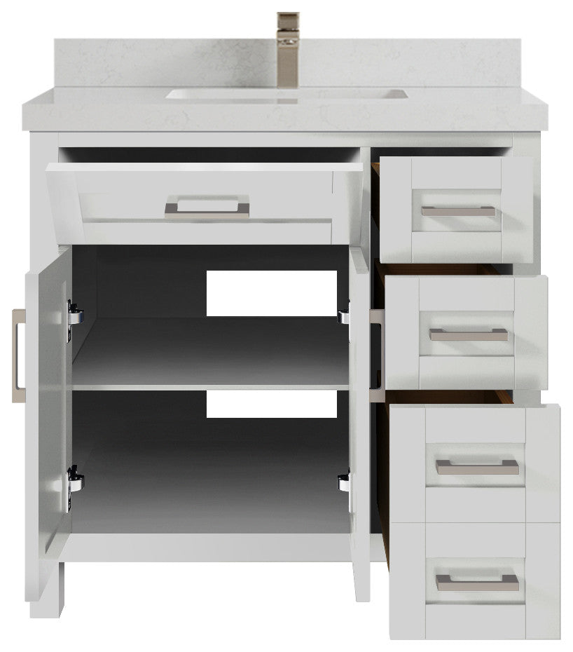 Cambridge 36 Center Sink Bath Vanity in Coventry Gray 2" Carrara Quartz