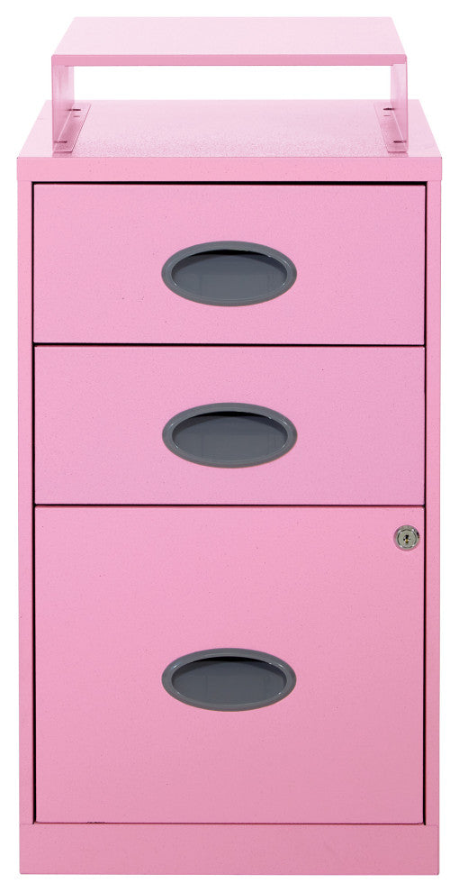 3 Drawer Locking Metal File Cabinet With Top Shelf, Pink