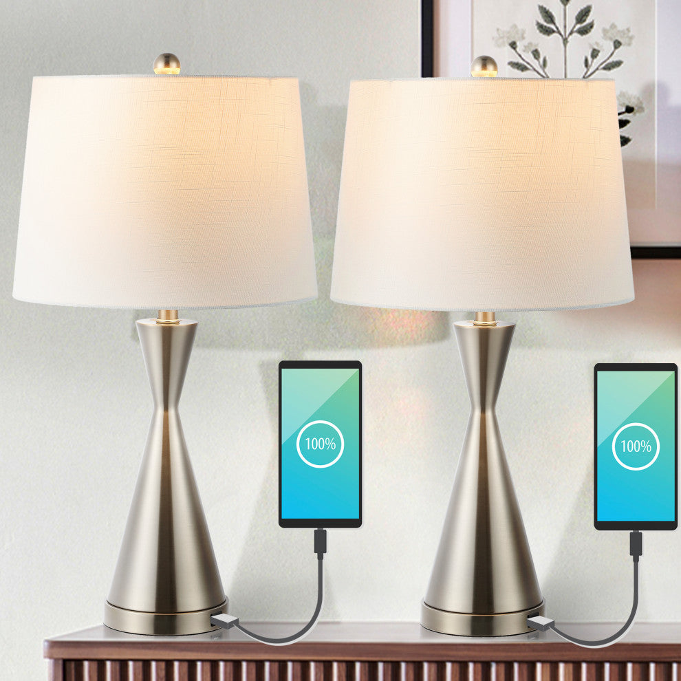 Colton 26" French Country Iron Table Lamp, USB Charging, Set of 2, Nickel