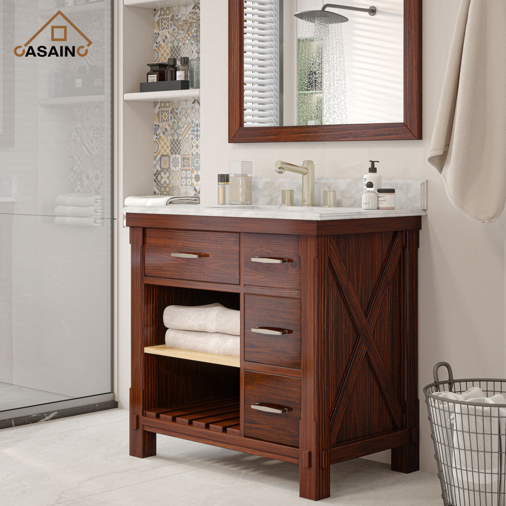 Freestanding Bath Vanity in Brown with White Carrara Marble Top, 36in