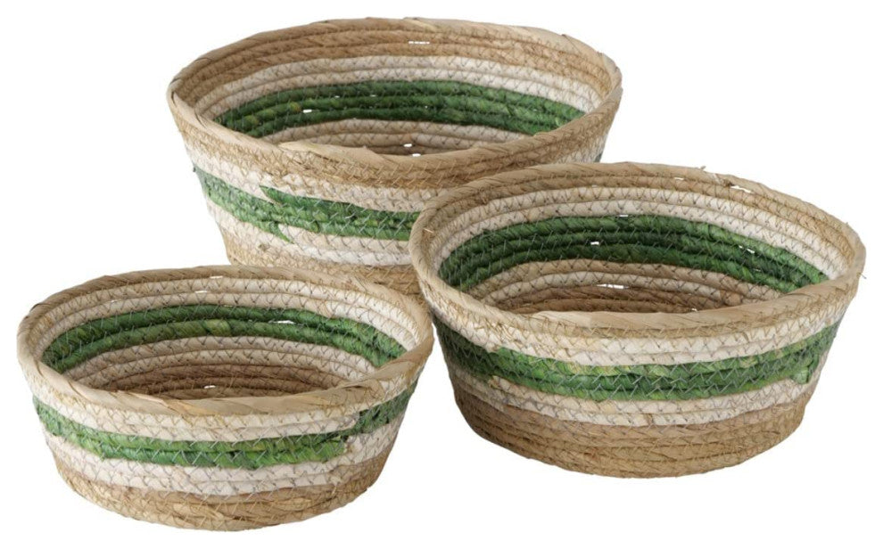 3 Piece Green and Natural Striped Baskets Set