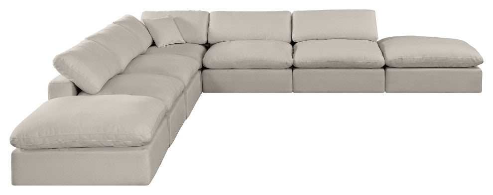 Comfy Upholstered L-Shaped Modular Sectional, Beige, 7-Piece: 4 Armless Chair, 1 Corner Chair, 2 Ottoman, Linen Textured Fabric