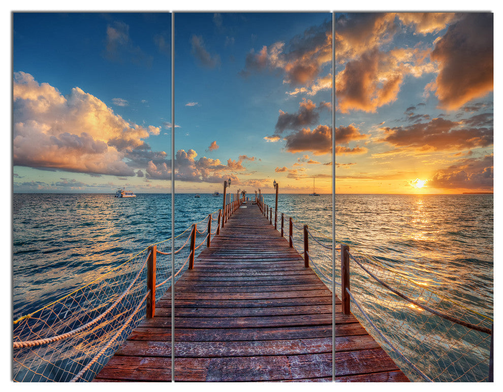 Brilliant Sunrise over Sea Pier, Modern Triptych Canvas Print, 36x28, 3 Panels