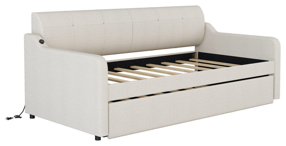 Gewnee Twin Upholstered Daybeds with Trundle and USB Charging,Beige