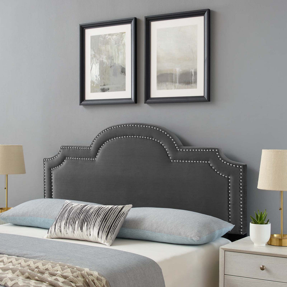 Headboard, Nailhead, Twin Size, Charcoal Gray, Velvet, Modern, Mid Century
