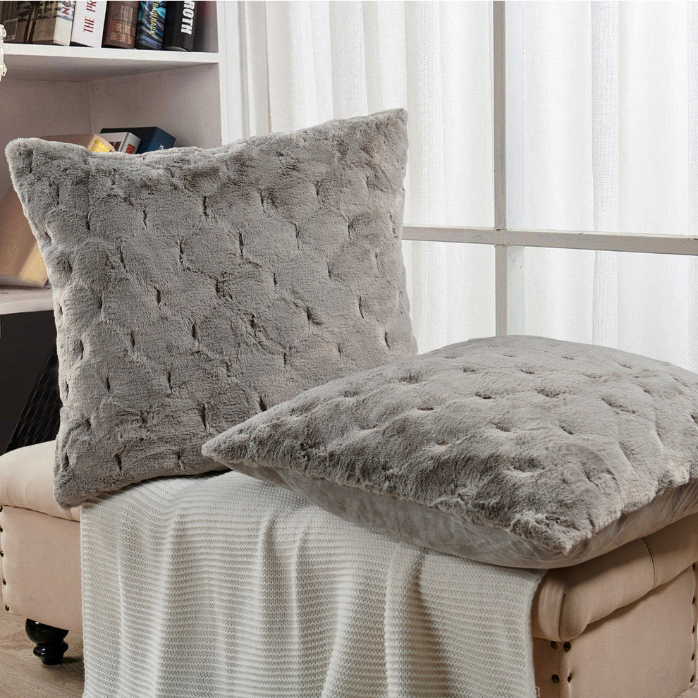 Jacquard Rabbit Faux Fur Pillow Cover 2 Piece Set, Grey, 26" X 26"