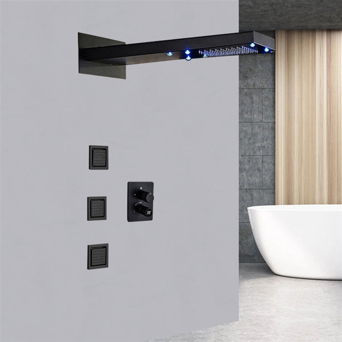 Terracina 22" Matte Black LED Rainfall Shower System With 3 Body Jets, LED