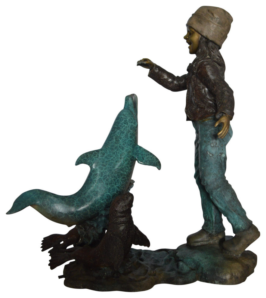 Girl feeding a dolphin and seals bronze fountain -  Size: 28"L x 17"W x 37"H.