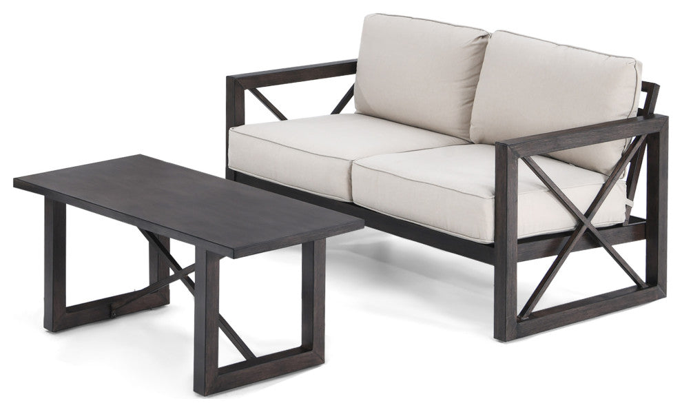 Costway 2PCS Patio Loveseat Coffee Table Set 6''  Thick Cushion Garden Beige