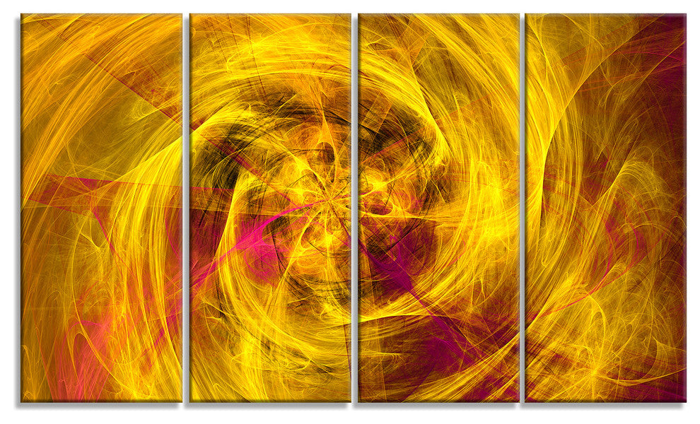 Mystic Golden Fractal, Abstract Wall Art Canvas, 48"x28", 4 Panels