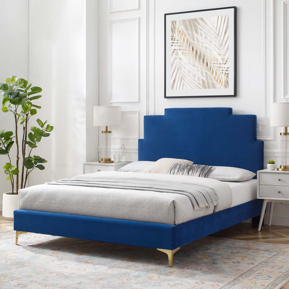 Platform Bed Frame, Full Size, Velvet, Blue Navy, Modern Contemporary, Bedroom