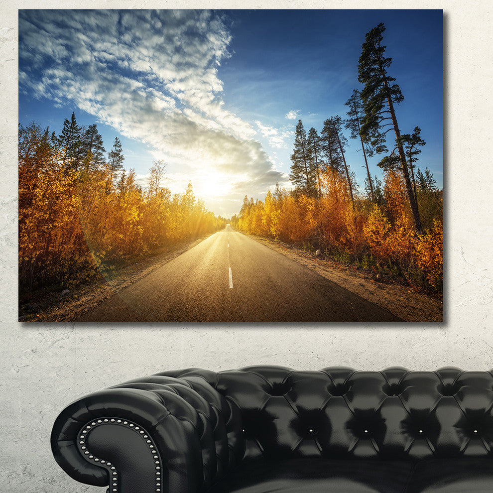 Road in Fall Forest Panorama, Large landscape Canvas Art Print, 60x40