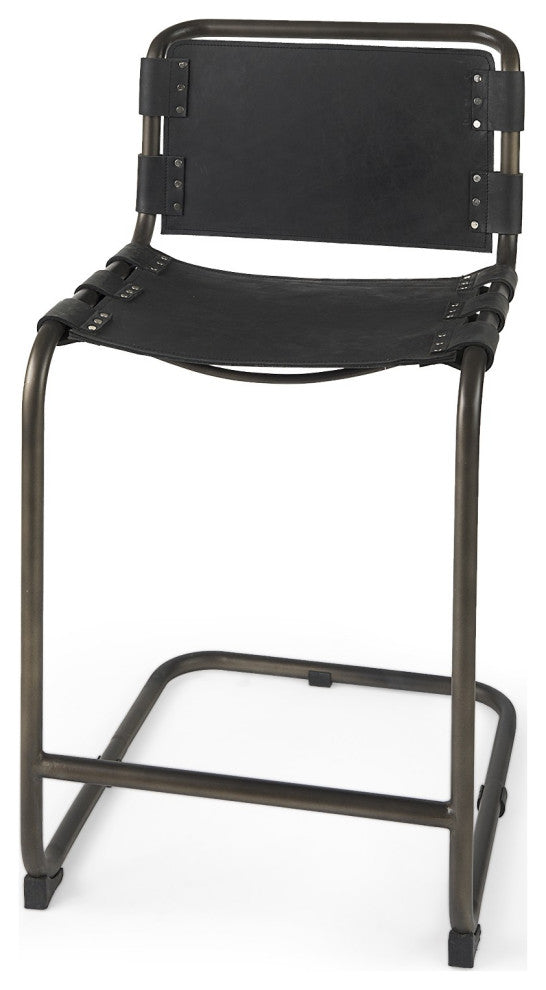 Black Leather Iron Framed Counter Stool