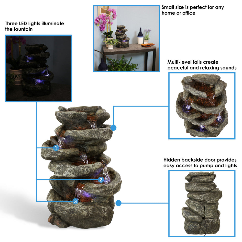 Sunnydaze 6 Tier Stone Falls Tabletop Indoor Water Fountain With LED, 15"