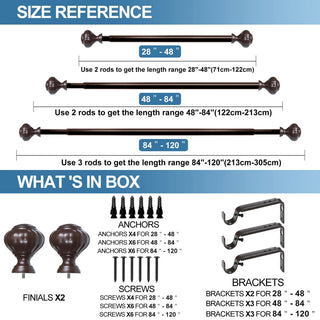 1" Doorknob Drapery Curtain Rod, Bronze, 28"-48"