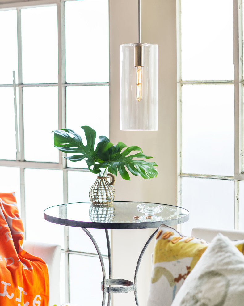 Lark Lane 7" Single Cylindrical Pendant, Polished Nickel + Clear Glass