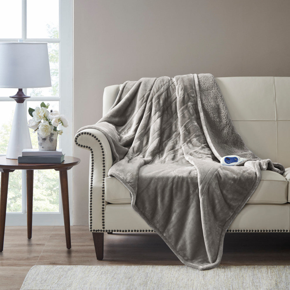 Beautyrest Microlight And Berber Solid Heated Throw, Gray