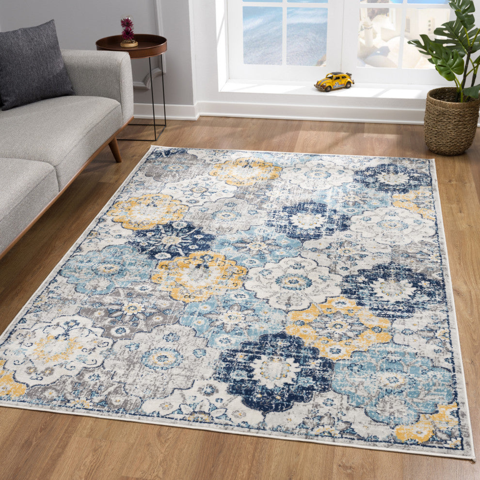 7"x10" Blue Distressed Floral Area Rug