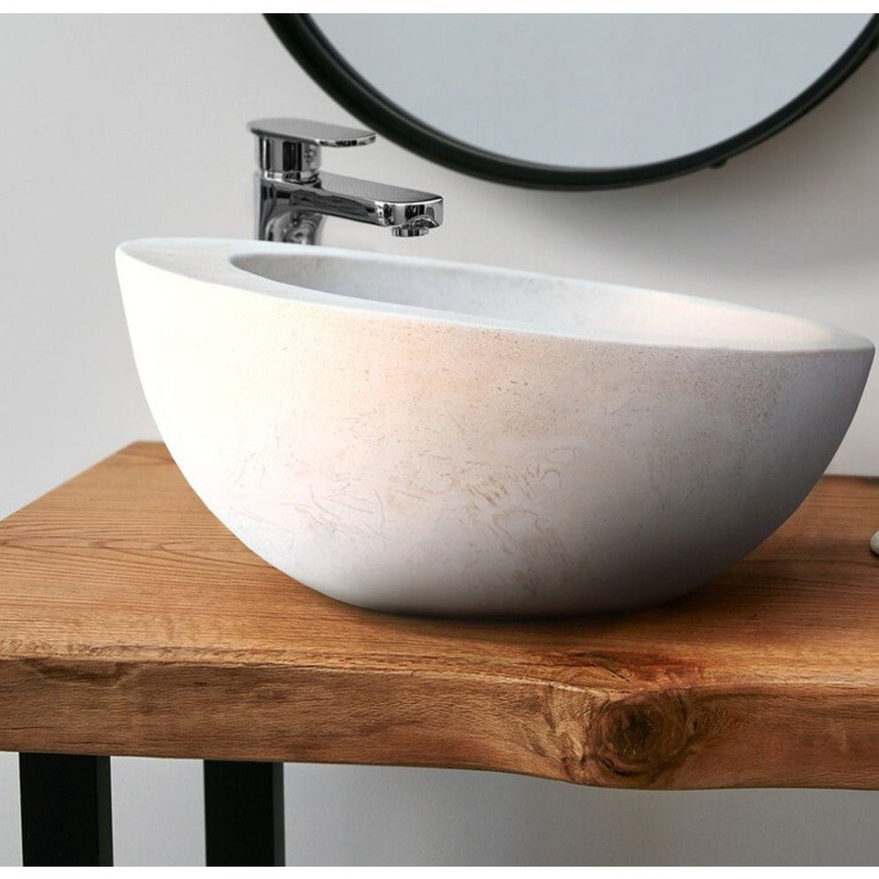 White Fossil Limestone Natural Stone Sloped Rim Vessel Sink (D)16" (H1)8" (H2)6"