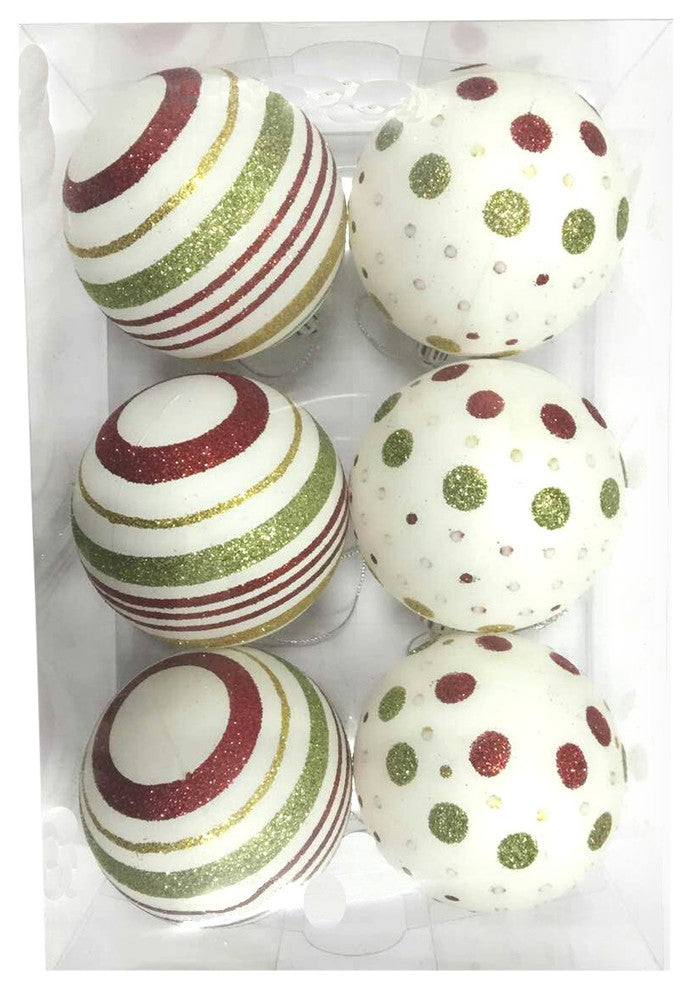 6-Pack White Ball Ornament With Gold, Red And Green Dot And Line Design