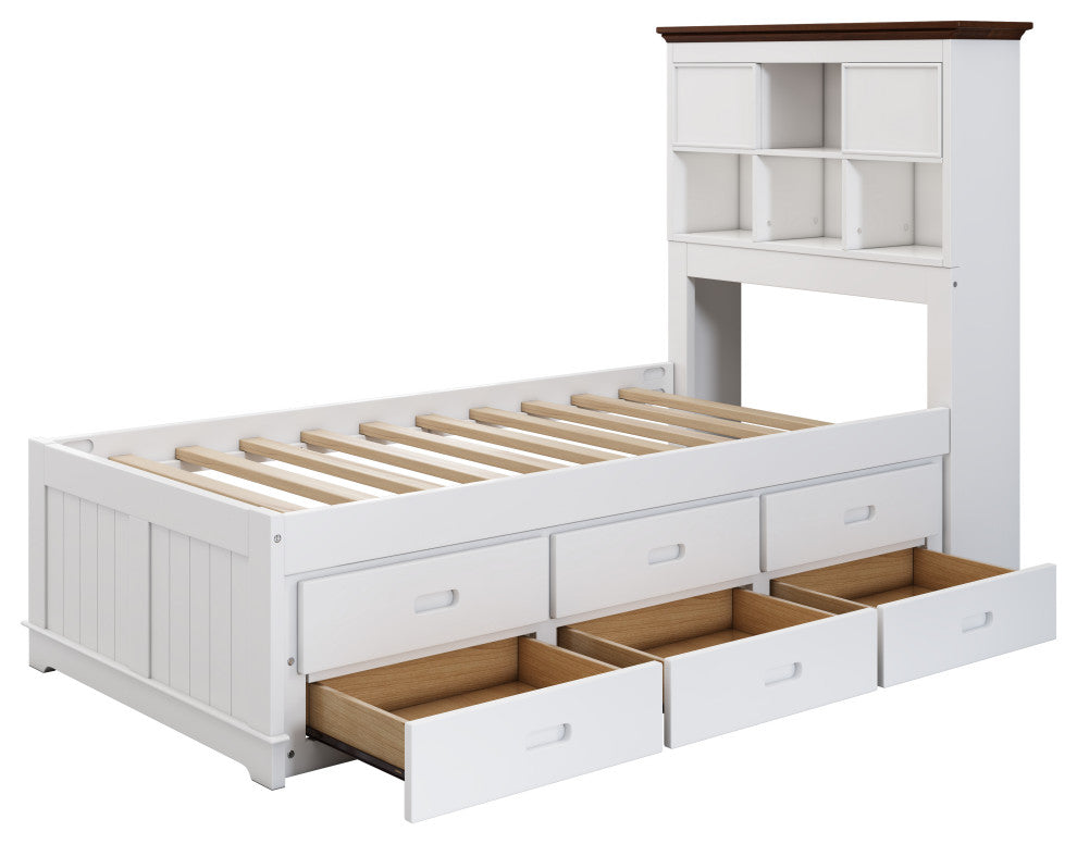 TATEUS Solid Pine Bookcase Bed and 3 Under Bed Drawers in Casual,Twin, Twin