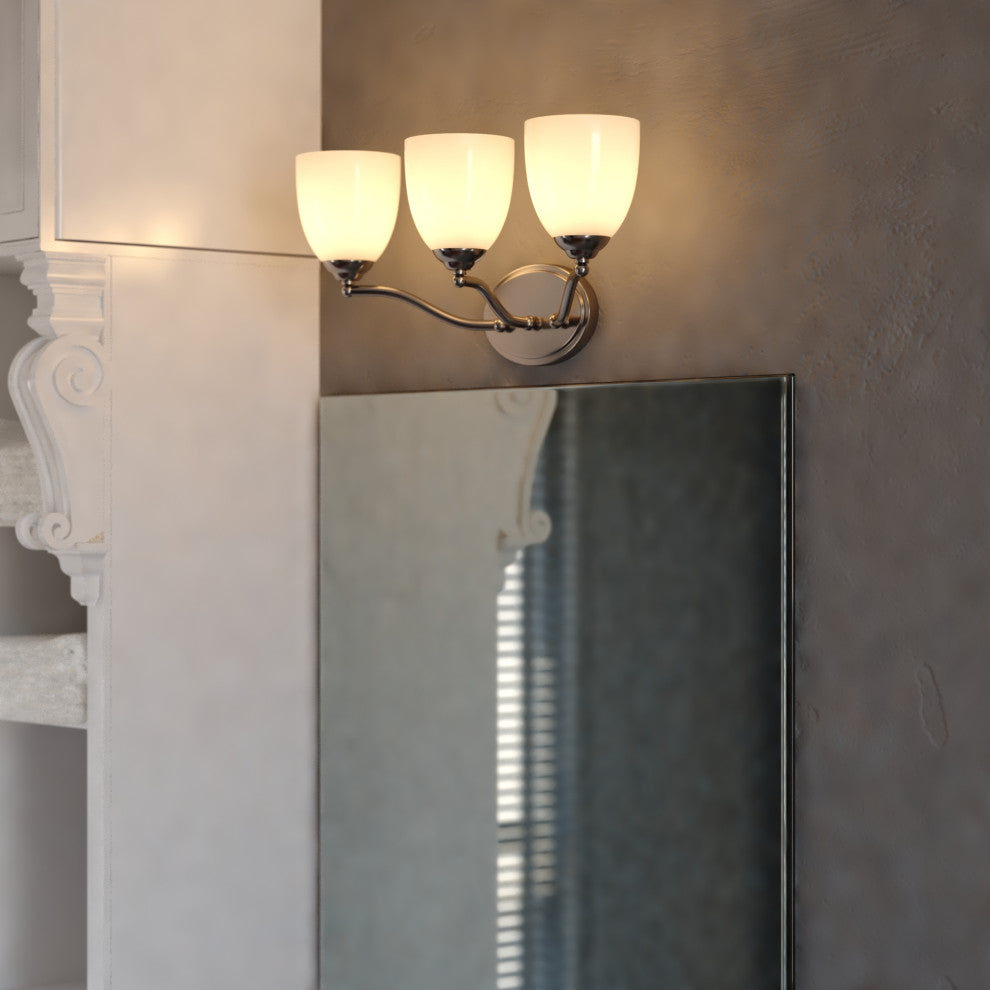 Bellwood 13.5" 2-Light Traditional Nickel Bathroom Vanity Fixture, Glass Shade, Satin Nickel, 3-Light