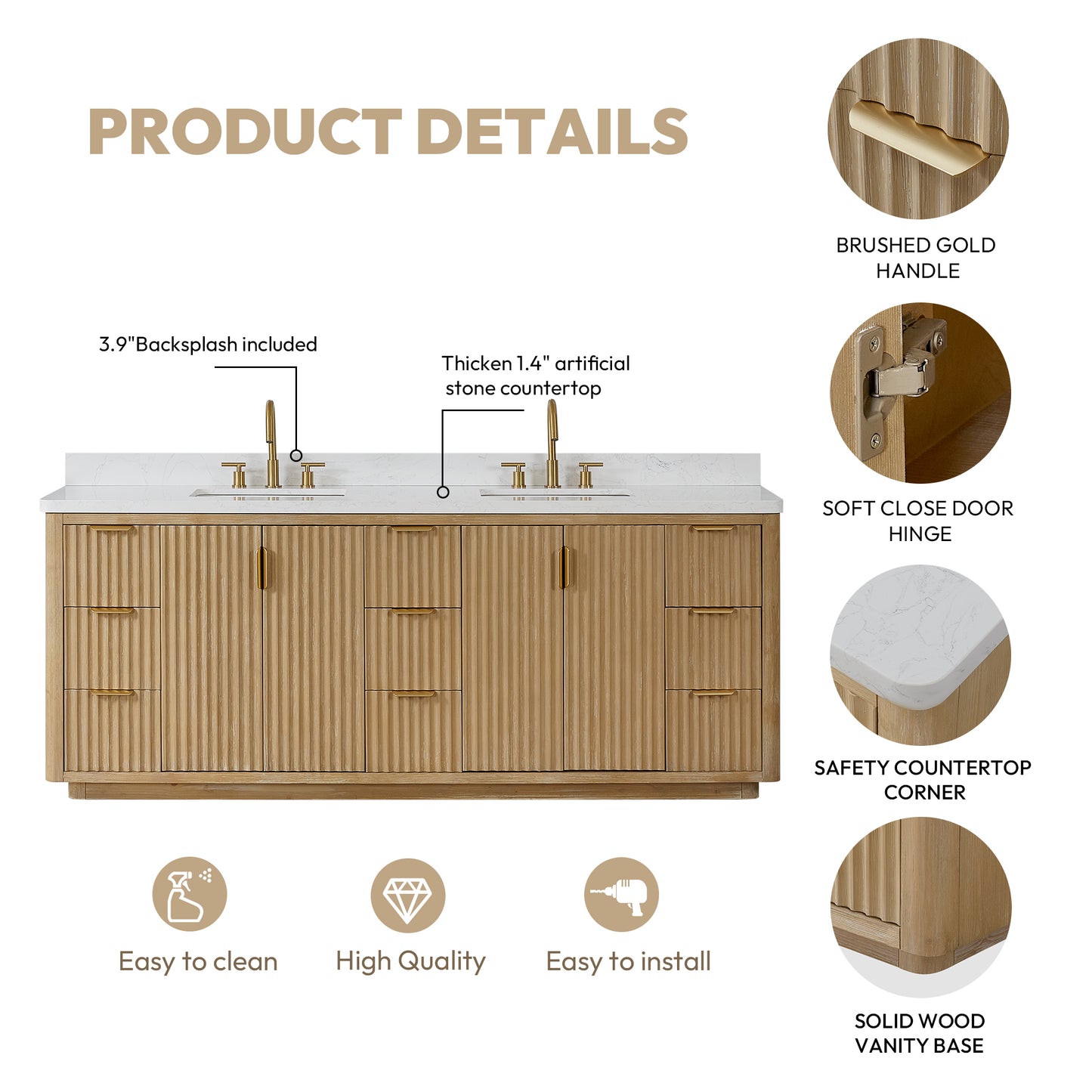 Vinnova Cadiz Bath Vanity, Composite Stone Top, Washed Ash Grey, 84", No Mirror