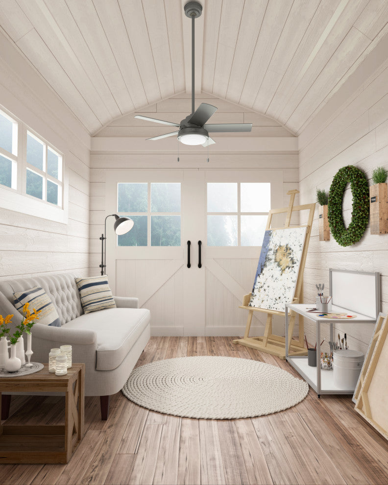 Hunter Seawall Wet Rated Ceiling Fan, LED Light Kit, Pull Chain, Matte Silver