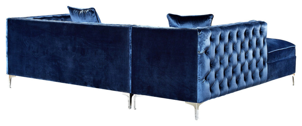 Jeannie Velvet Tufted With Nailhead Trim Sectional, Navy, Left Facing Chaise