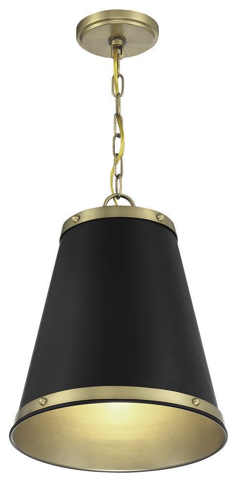 1-Light Pendant, Matte Black With Natural Brass