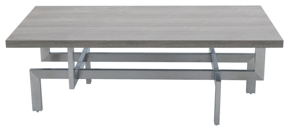 Illusion Gray Wood Coffee Table with Brushed Stainless Steel Base