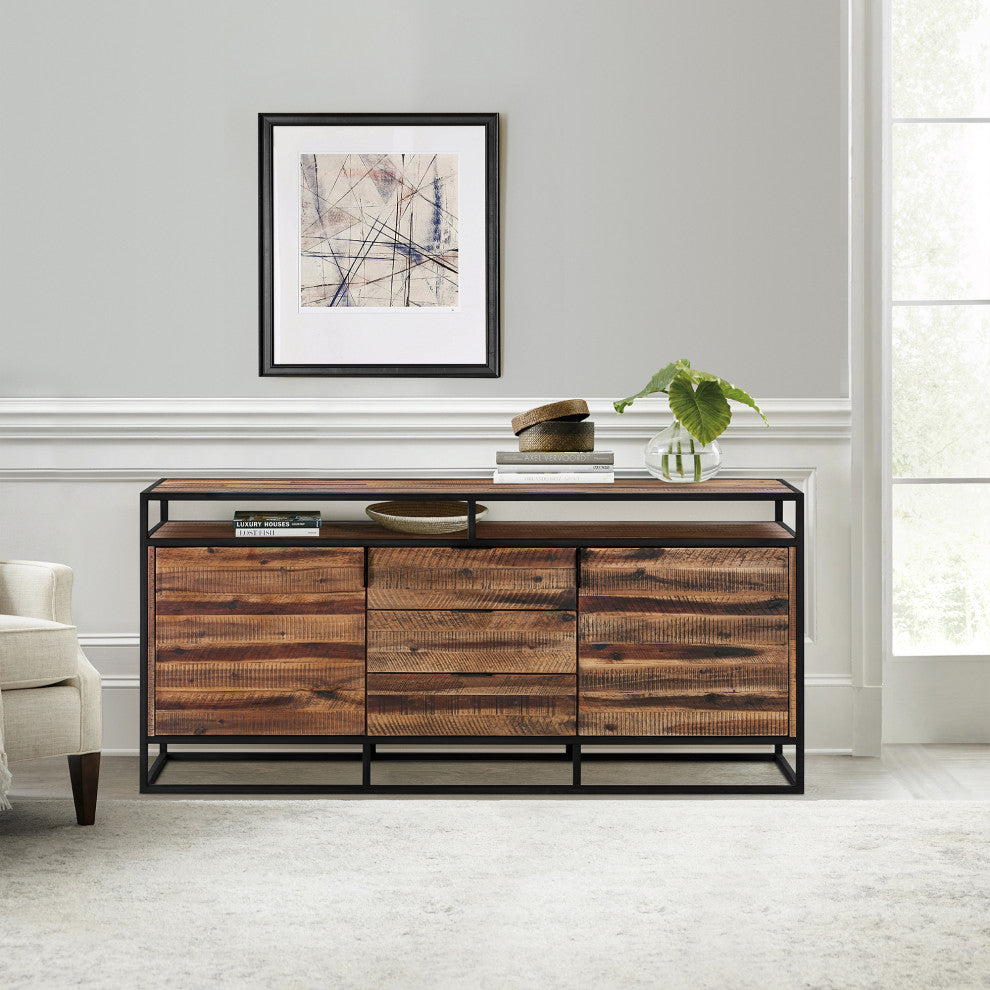 Ludgate 3 Drawer Sideboard Buffet, Acacia And Black Metal