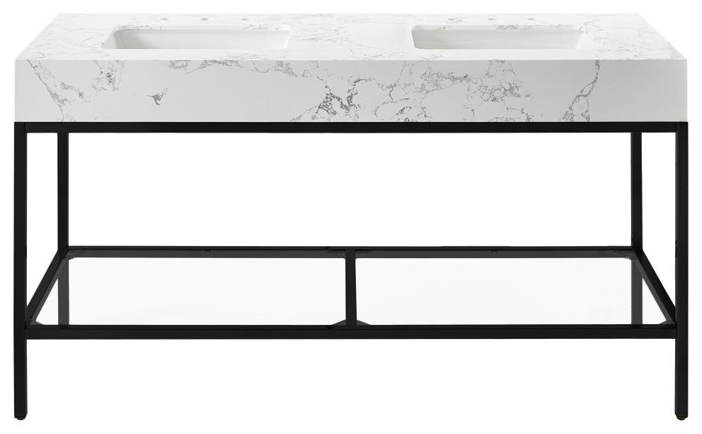 Marmo Bathroom Vanity, White, 60" Wide, Matte Black Finish