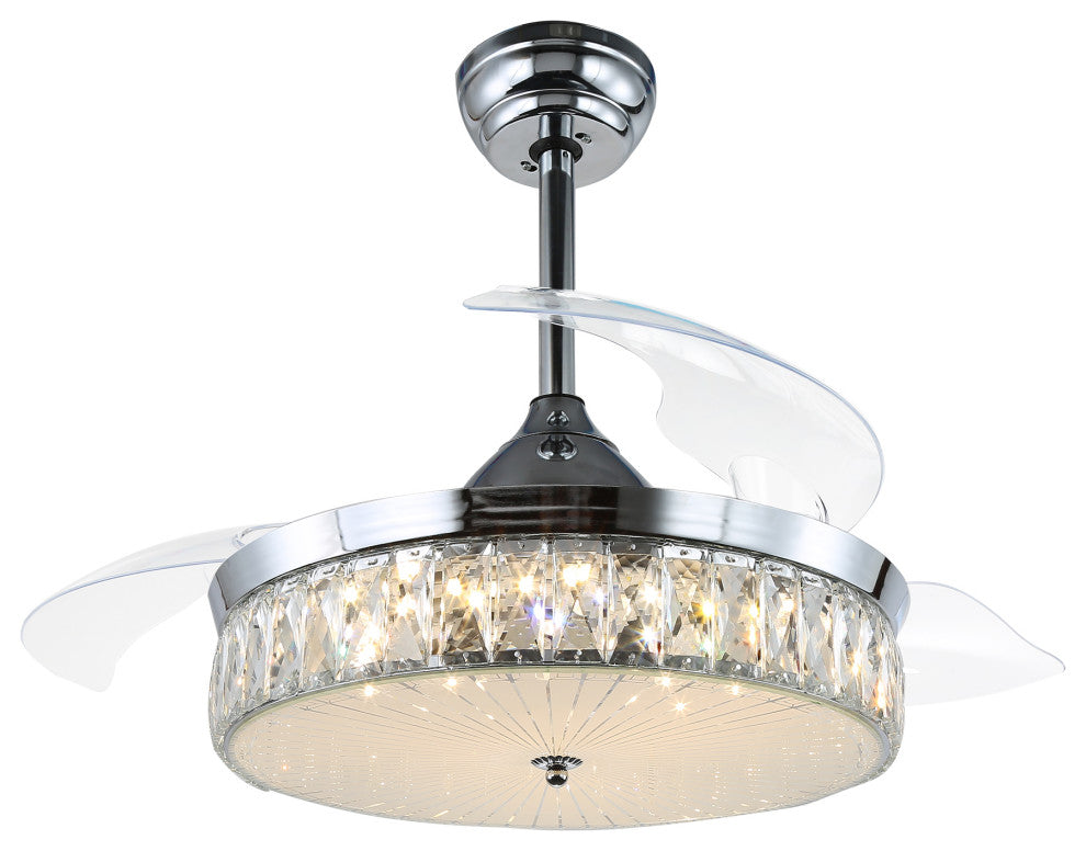 42" Decorative Crystal Drum Ceiling Fan with Light and Remote, Foldable Blade, Chrome, Neutral White (4000k)