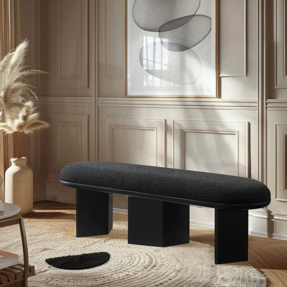Wilshire Boucle Fabric Upholstered Bench, Black, Black Finish