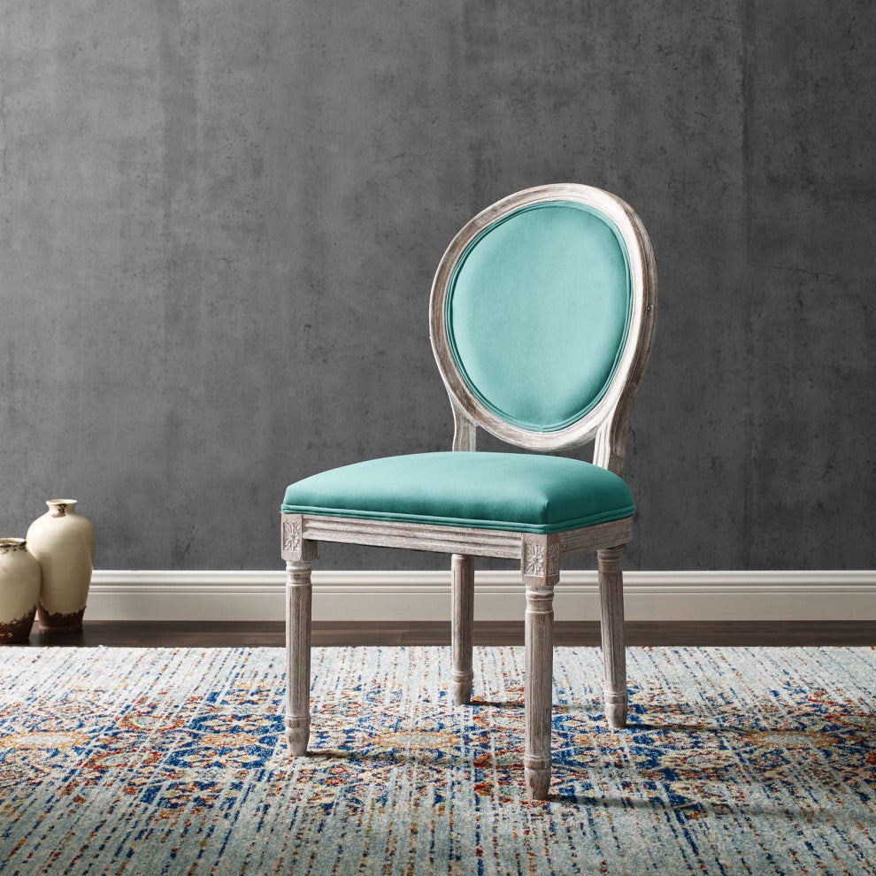 French Vintage Side Dining Chair, Velvet, Wood, Brown Natural Blue, Modern