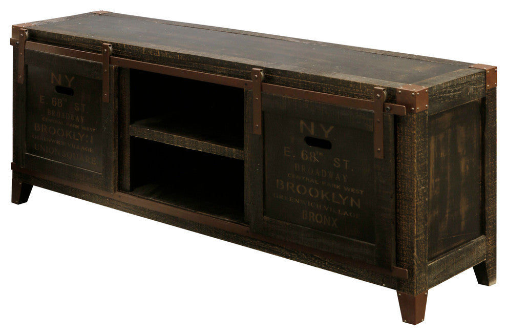 Bronze Distressed Crate Style TV console w/ Storage and Barn Door Hardware