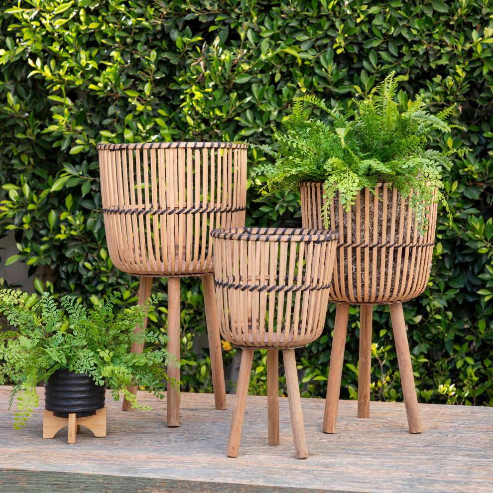 3-Piece Set Bamboo Footed Planters, Natural