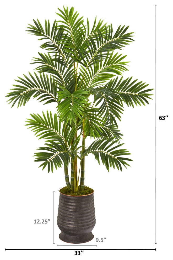 63" Areca Palm Artificial Tree, Ribbed Metal Planter