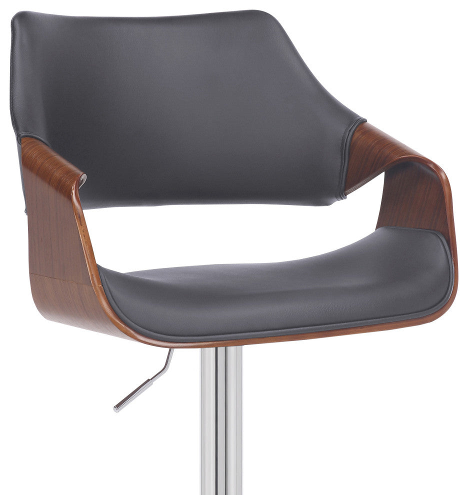 Gray Faux Leather and Walnut Wood and Chrome Swivel Adjustable Bar Stool