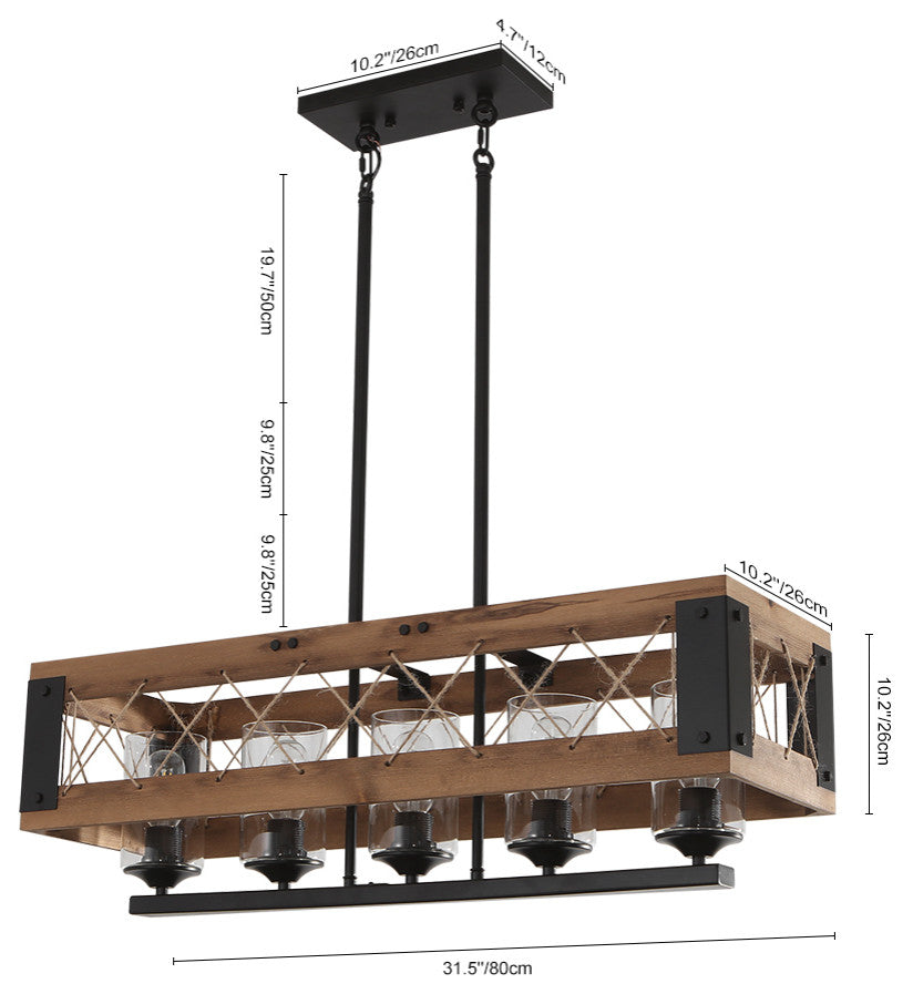 Wooden Farmhouse Rectangular Chandelier, 5 Light