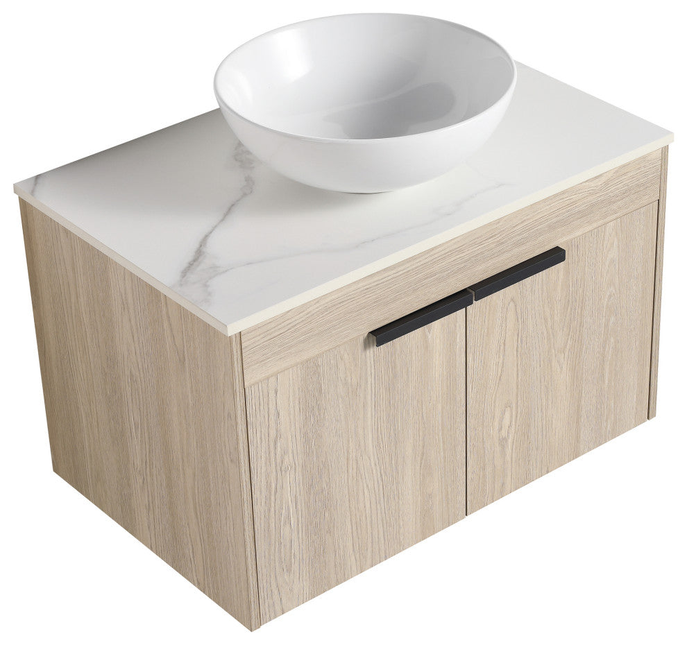 Wall-Mounted Bath Vanity, White Oak, White Ceramic Vessel Sink