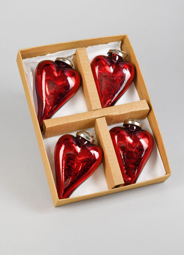 Set of 4 Antique Red Glass Heart Ornaments, 3" Tall