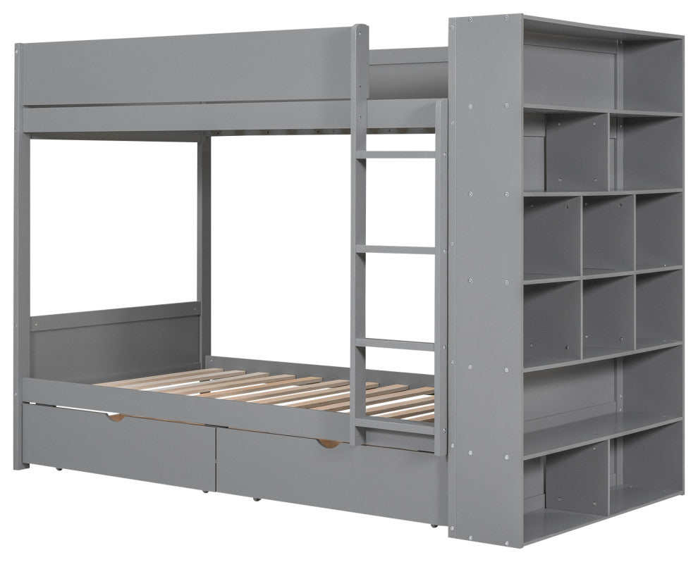 Gewnee Twin over Twin Bunk Bed With 2 Drawers and Multi-layer Cabinet