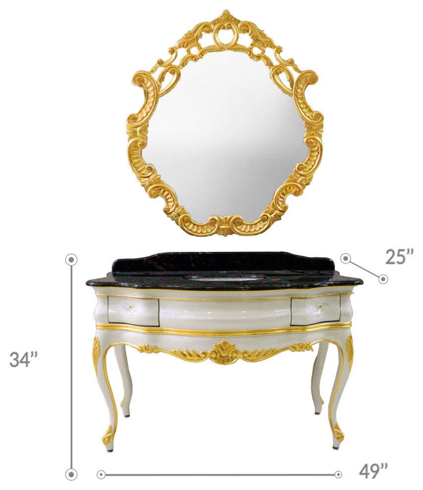 Handmade 48'' Single Bath Vanity, Italian Marble Top, Solid Wood, Mirror, White