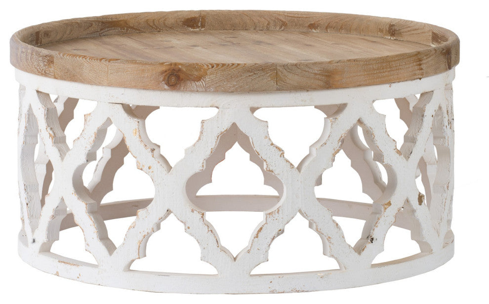 Benzara BM285117 32" Coffee Table, Round, Quatrefoil Lattice Design, Brown
