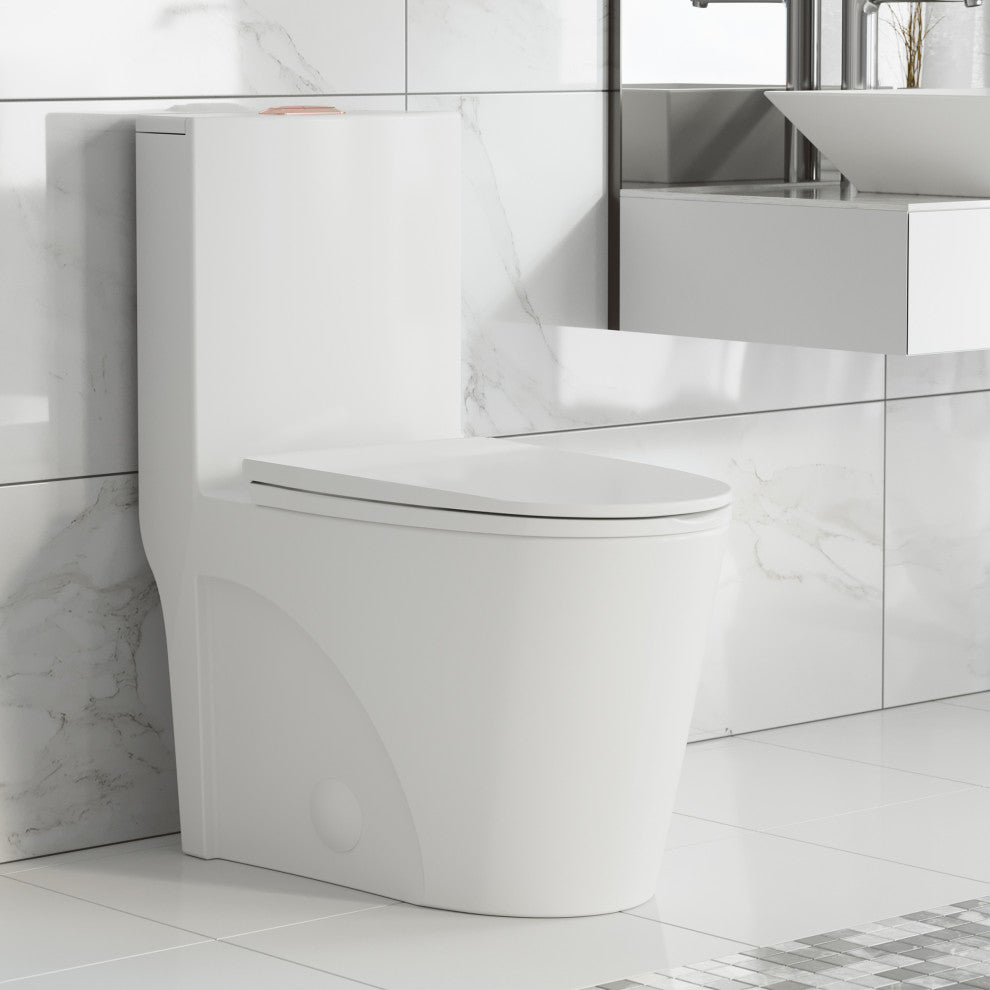 St. Tropez Elongated Toilet Dual Vortex Flush Glossy White, Rose Gold Hardware