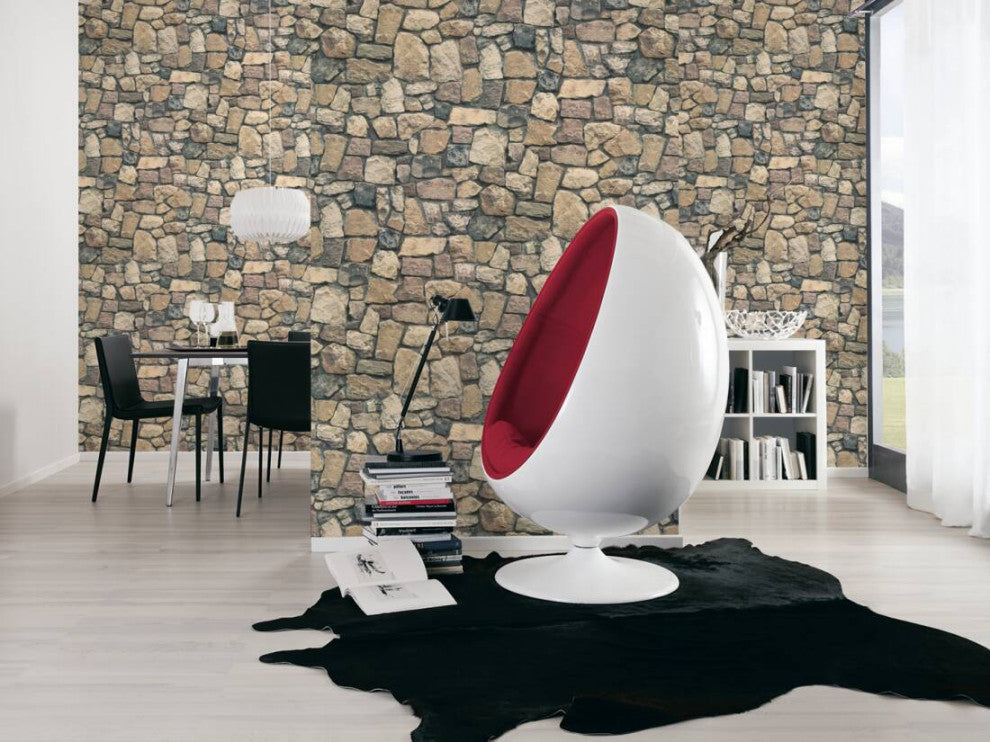 Faux Textured Wallpaper Stones, Brown Orange Gray, One Roll
