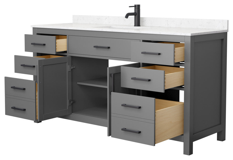 66"SGL Vanity Dark Gray, Carrara Cult. Marble Countertop, Sink, Black Trim